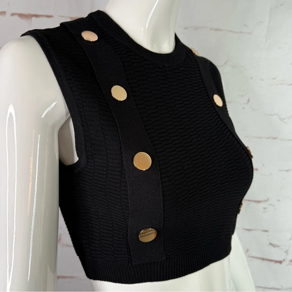 NEW ZARA S Black Sleeveless Crop Top Knit Vest Gold Button Accents Small NWT - Picture 9 of 15